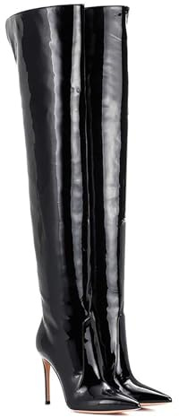 Bottes au-Dessus du Genou en Cuir Verni à Talons Aiguilles pour Femmes Bottes Sexy à Bout Pointu Bottes Hautes à Talons Hauts Bottes Hautes Classiques à Enfiler Couleur Unie,Noir,40 EU