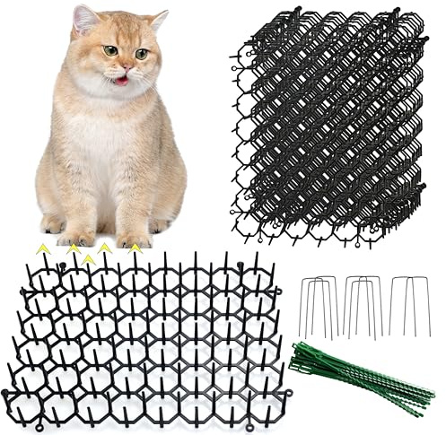 KOKMEYA Tappetino repellente per gatti, 20 x 15 cm, con punte, confezione da 12, mantiene i gatti fuori dalle piante in vaso, con picchetti a forma di 8 U e 20 fascette con cerniera, barriera per