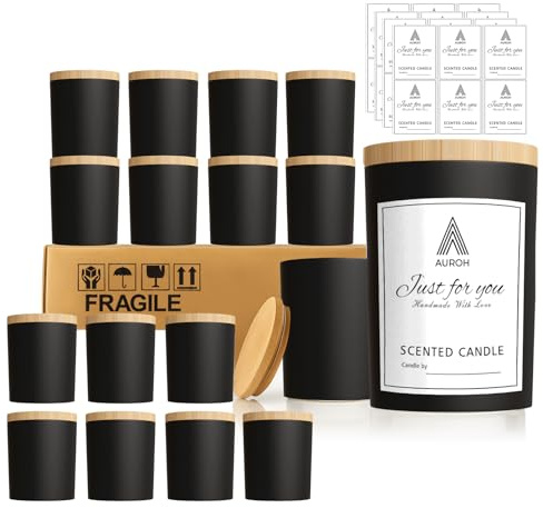 Auroh 15 Glass Candle Jars 7oz with Bamboo Lids - Black Containers | Reusable glass containers with airtight bamboo lids. For soy wax candles, wax melts, spice or storage. Dishwasher safe.