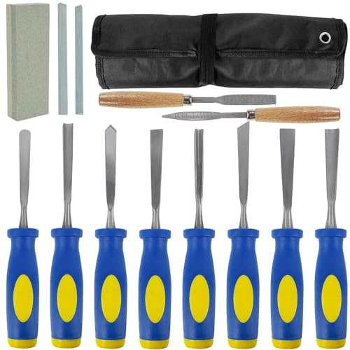 Juego de 13 cinceles de madera con cuchillas de acero al carbono, asas de goma, incluye escofinas de afilar piedras y bolsa de lona para tallado de carpintería
