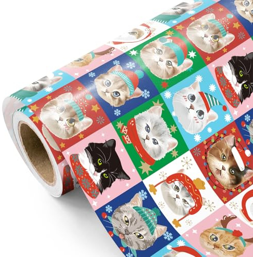 RUSPEPA Papier Cadeau De Noël Chat - Mini Rouleau - 43,2 Cm X 5 M - Adorable Papier Cadeau Chat Et Homard Pour Noël Et Les Fêtes