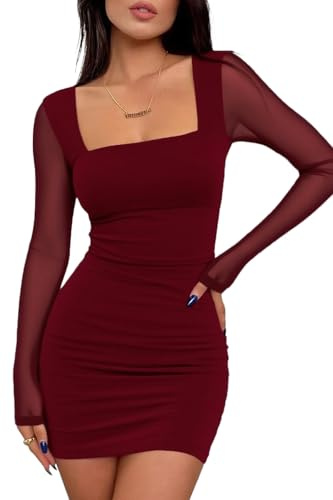 ELFIN Women's Sexy Bodycon Mini Dress Ruched Mesh Long Sleeve Square Neckline Club Party Short Dresses
