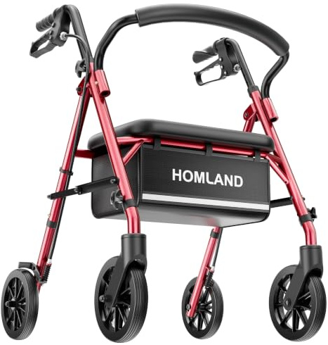 HOMLAND Lightweight Folding Rollator Walker with Seat, All-Terrain | Compact for Trunks & Small Doorways, 136kg Stable Support, ErgoComfort Mobility Walker with Bag & Brakes, Height Adjustable