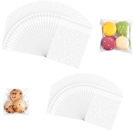 Cellophane Bags, 200 PCs White Polka Dot Self-Seal Translucent Cookie Bags Clear Frosted Plastic Package for Food Cookie Chocolates Biscuit Candy (7 X 7+3cm, 10×10cm+3cm)