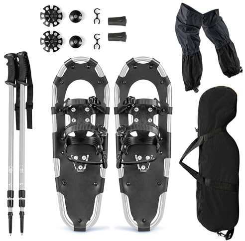 SOARS Kit di racchetta da neve 4 in 1, racchette in alluminio con bastone da passeggio telescopico, borsa portaoggetti, ghette impermeabili, per donne, uomini, bambini (21, argento)
