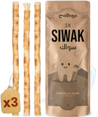 MODOGO Siwak x3, Bâton de Miswak en Bois d'Araq (Salvadora Persica), Brosse à Dents Naturelle, Nettoyante, Désinfectante, Blanchissante, Écologique, Biodégradable et Végan