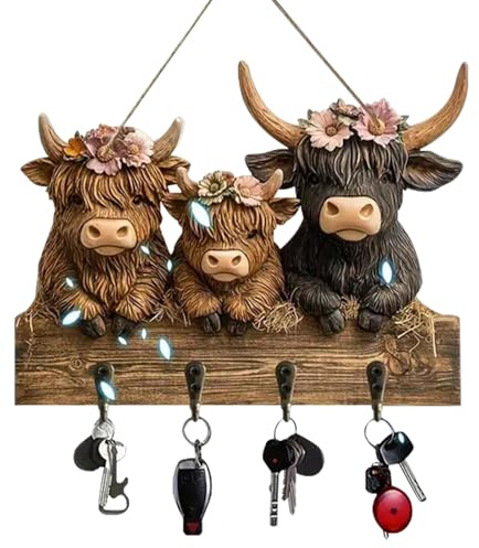 Highland Cattle Ornaments Key Holder 2D Flat Wall Mount Bullhead Animal Wooden Towel Hook Coat Hanger with 4 Hooks Black Cow Wall Decorative Key Rack for Entryway Hallway Farmhouse