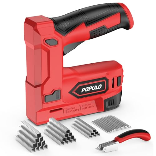 POPULO Pistola grapadora eléctrica, 2 en 1, grapadora eléctrica Tacker 4V, kit de clavadora Brad inalámbrica de 4V, pistola de clavos alimentada por batería para tapicería, carpintería, bricolaje con