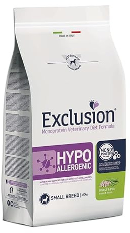 EXCLUSION Adult Small Breeds Hypoallergenic Cane gusto Insetti e Piselli, alimento completo per cani adulti di taglia piccola con intolleranze, monoproteico, ipoallergenico, 1 confezione da 2kg.