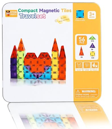 MEESHEEP Mini blocs de construction magnétiques 56 pièces avec boîte en métal, jouets pour voiture, avion et voyage, cadeau pour enfants à partir de 3 ans