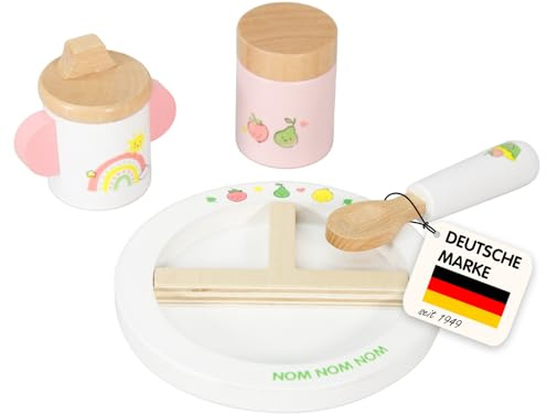 Heless 680 dockmatningsset fräcka frukter i rosa och vitt, av trä, 4-delat set med tallrikar, skedar, näbbkopp och gröt glas