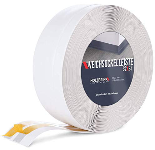 HOLZBRINK Weichsockelleiste selbstklebend PVC 32x23mm, 25 m | Küchenleiste Arbeitsplatte | Abschlussleiste selbstklebend für Badezimmer | Farbe: Weiß