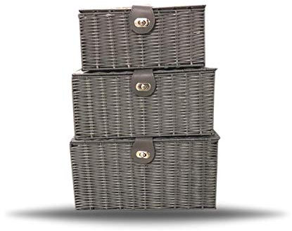 ARPAN Set of 3 Resin Woven Storage Basket Box With Lid & Lock Grey, Large, Medium, Small