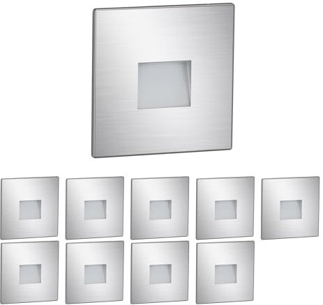 ledscom.de 10 Stück LED Treppenlicht/Wandeinbauleuchte FOW für innen und außen, Downlight, eckig, edelstahl, 85 x 85mm, warmweiß