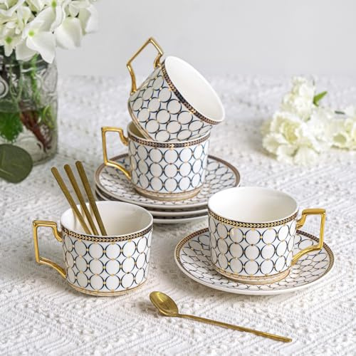CwlwGO-European Style Cup and saucer set, 7 Oz bone China beautifully glazed white Gold Tea Cup and saucer, golden spoon, Mug, Cappuccino, Latte, MOCHA . (4 pack).