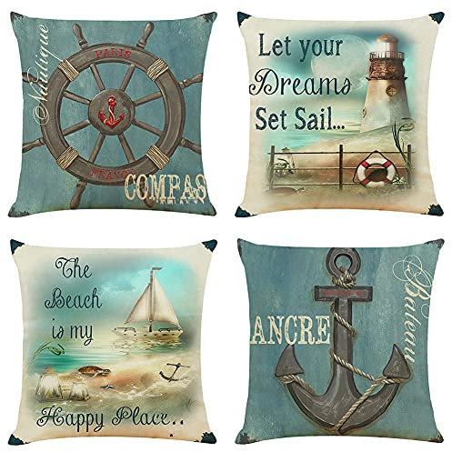 4er Set Dekorative Kissenbezüge 40x40cm Vintage Schiff Anker Leuchtturm Segeln Zierkissenbezug Baumwoll und Leinen Unsichtbarem Reißverschluss Doppelseitiger Kissenhülle für Couch Outdoor