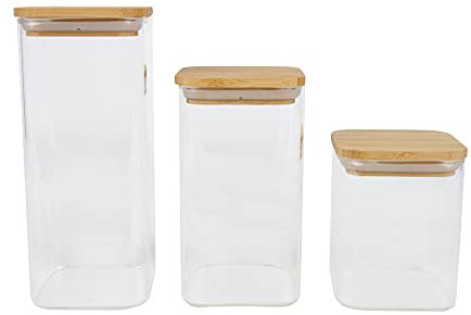 BIRAMBEAU - Ustensiles de Cuisine - Lot de 3 Bocaux en Verre - Boîtes de Conservation - Couvercle en Transparent/Brun – Hermétique - 450mL & 750mL & 950mL