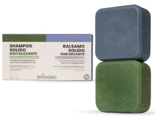 Enooso - Set Shampoo Rivitalizzante e Balsamo Rinforzante | Anticaduta con Olio di Rosmarino per capelli diluito con Olio di Ricino Purificante | 100% Naturale Vegano Made in Italy