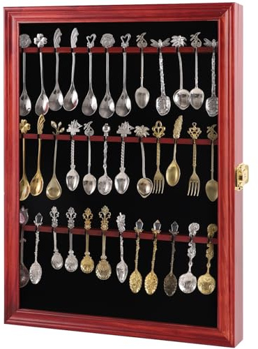 COMSREV 36 Souvenir Tea Spoon Display Case Collection Collector Rack Wall Mount Wooden w/98% UV Acrylic Door Lockable (Cherry)