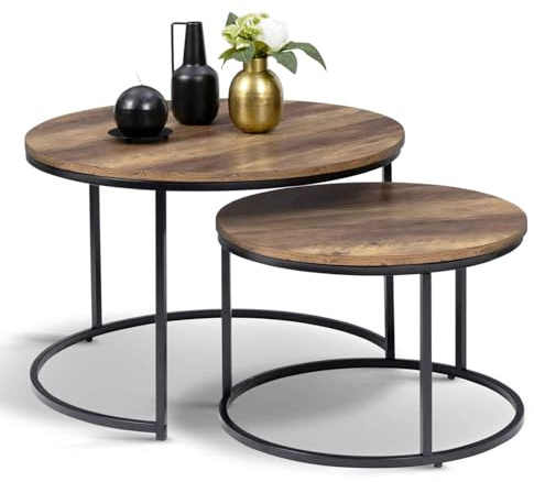 IDMarket – Lote de 2 mesas bajas encajables Hawkins redondas 54/70 cm, madera oscura, diseño industrial