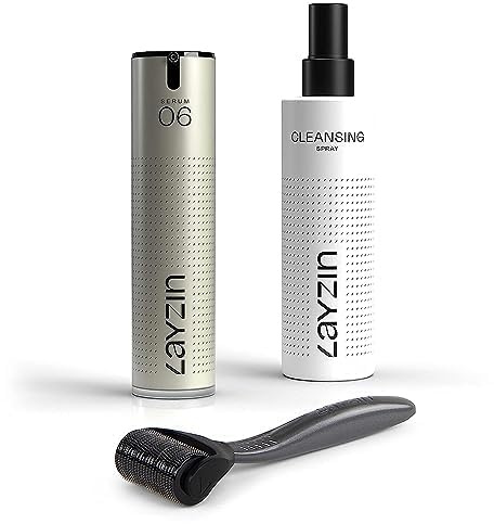 LAYZIN Skäggvårdsset – Främjar Skägg & Mustaschväxt – Derma Roller med 0,55 mm Testhuvud (Storlek M), Serum 06 & Cleansing Spray – För Fin Ansiktshår – Unisex