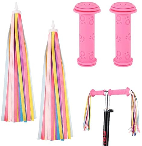 Auidy_6TXD 1 paio di manopole per bicicletta per bambini, colore rosa, con 1 paio di nappe per bicicletta, set colorato, in gomma, per manubrio, per bicicletta, manubrio, stelle filanti, decorazione