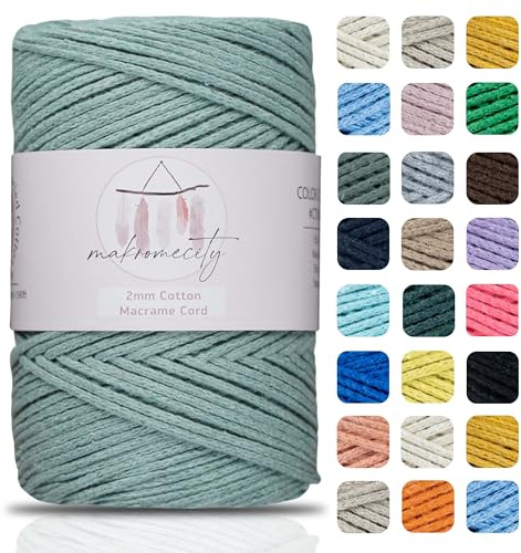 Makromecity, Baumwolle Makramee Garn 2mm x 180m Kreppgrün Recycelte Baumwolle zum Häkeln Cotton Macrame Cord für Handwerk Wohndekorationen Platzteller Umhängetasche Häkeltaschen Runner
