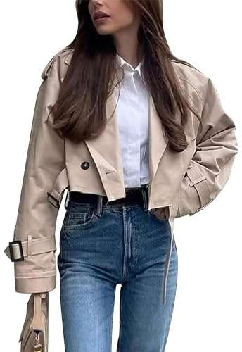 Vimyig Women's Cropped Trench Coat Casual Lapel Double Breasted Short Jacket Outerwear with Belt, khaki, S
