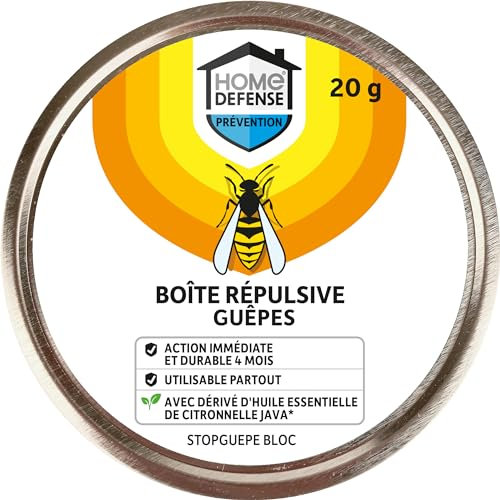 HOME DEFENSE HDGUEPB - Boîte Répulsive Anti-Guêpes 20 g - Action immédiate et durable 4 mois - Une étape, ouvrez et vous êtes protégé - Boîte solide et légère pour l'emmener de partout - Protège 5 m²