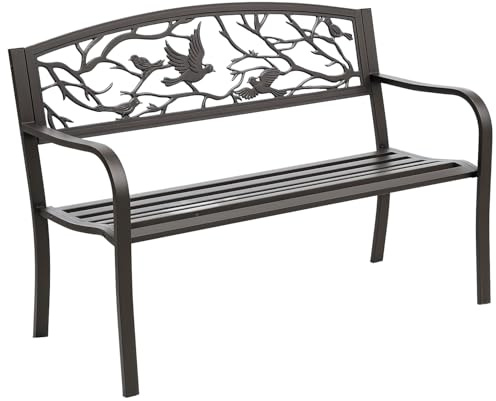 Outsunny Banco de Jardín de Acero Banco de Exterior con Apoyabrazos y Respaldo con Imagen de Animales Carga 240 kg para Patio Terraza 127x60x85 cm Marrón