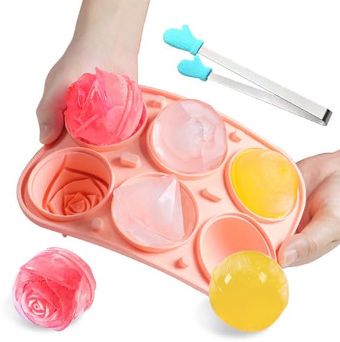 SVOCK Eiswürfelform Rose Diamant Rund, 6-Fach Eiswürfelform Silikon mit 3 Formen, Runde Kugel Eiswürfelbehälter Roses Eiswürfelform Eiswürfelform Diamant, DIY Eiswürfelform mit Eisklammern