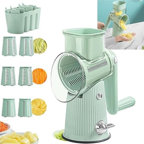 Rallador de queso rotatorio 5 en 1, cortador de verduras, rallador de queso, con cuchillas de acero inoxidable, cortador de tambor de mandolina, con mango y base de succión fuerte, (verde)(Green,Green