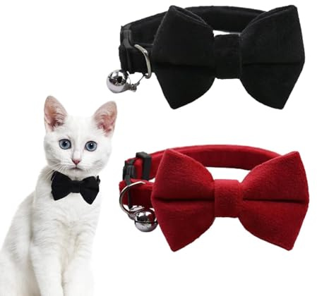 DHWEKU Lot de 2 Colliers en Velours pour Chat avec Clochette et nœud Papillon, Colliers réglables pour Chat, Chaton, Petit Chiot, nœud Papillon de sécurité, Couleur Unie, pour Mariage