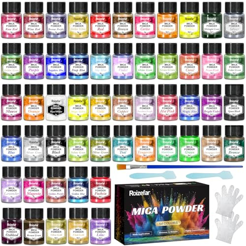 Roizefar Mica Powder, 54 Colours x 5 g Pearlescent Epoxy Resin Pigment Metallic Powder for Soap Paint, Jewellery Making, Nail Polish, Epoxy Resin, Candle Making, Bath Bombs, Slime