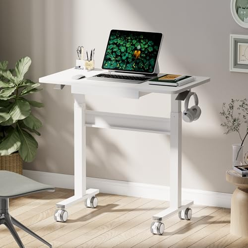 DAWNYIELD Standing Desk with Wheels, Pneumatic Height Adjustable Desk, 88x50 cm Laptop Computer Table with Hook and Drawer, Overbed Table with Lockable Castors, Mobile Workstation for Home Office