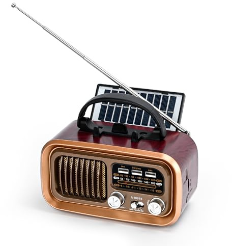 Radio Retro portátil, Radio portátil con Bluetooth, Am/FM/SW Bandas, Batería Recargable y Panel Solar-soporta Tarjeta USB/TF, emparejamiento TWS, diseño portátil para Cocina, baño, (Dorado)