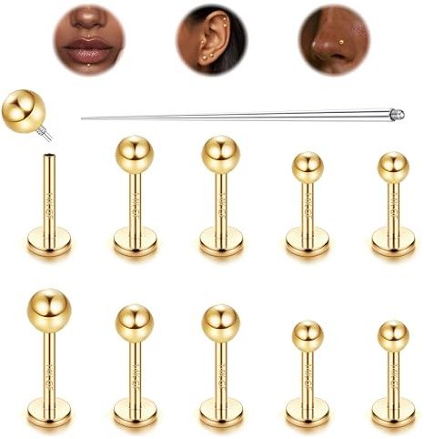 LOLIAS 10er Set 16G Titan Helix Piercings: Nasenpiercing, Kugel Gold, Ohr Tragus, Innengewinde, Lippenpiercing, Medusa, 6/7/8MM