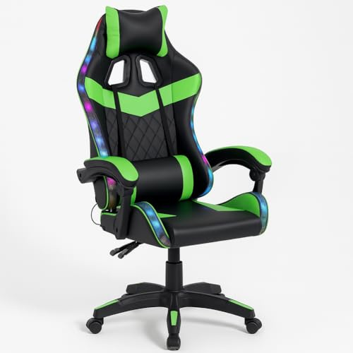 Shally Dogan Sedia Gaming da Scrivania con Striscia LED RGB Multicolore, Rivestimento in Ecopelle, Schienale Reclinabile, Altezza Regolabile da 106 a 116 cm, Poltrona da Ufficio, Cameretta (Verde)