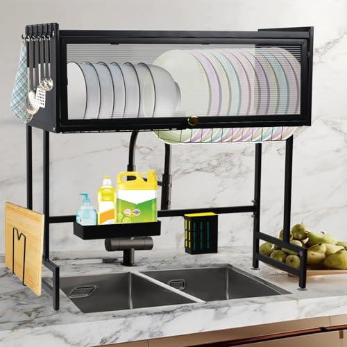DUOJIN Escurreplatos para fregadero, estante de secado de platos negro con soporte para cubiertos y cesta de almacenamiento, ajustable