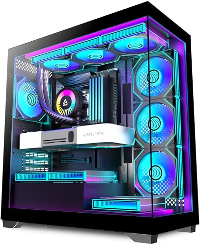 ANSAITE PC CASE 7 PWM ARGB Fans Pre-Installed, Mid-Tower Gaming PC Case, Panoramic Tempered Glass Computer Case with Type-C,360mm Radiator Support,Black,C9