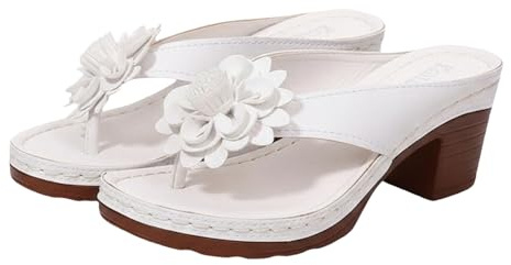 Sandaletter damer blockklack, klackskor damer sandaler med blommor, öppen tå flipflop stora storlekar sommarskor halkfria fritidsskor bekväma höga klackar sandaler PU-läder skor