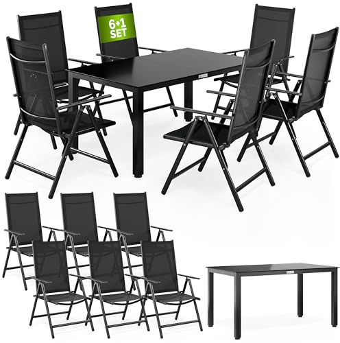 Casaria® Gartenmöbel Set 6 Stühle mit Tisch 150x90cm Aluminium Sicherheitsglas Wetterfest Klappbar Modern Terrasse Balkon Möbel Sitzgruppe Garnitur Bern