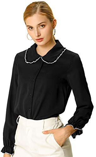 Allegra K Women's Long Sleeve Blouse Peter Pan Collar Shirt Button Down Work Business Casual Blouses 2026 X-Large Black