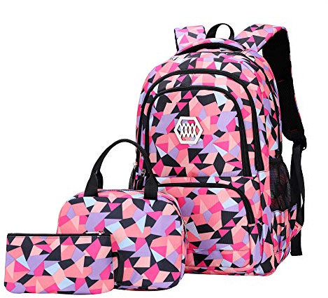 SellerFun Girl Geometric Printed Primary Junior High University School Bag Bookbag 3pcs Backpack Sets(2# Black-3pcs,35L)