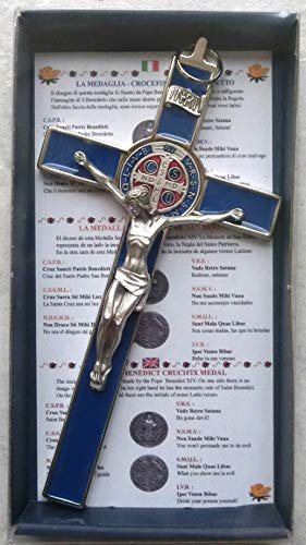 GTBITALY 10.004.11 Cruz de San Benito crucifijo de plata de 20 cm esmaltado a mano con caja de regalo y oración, sacerdote, exorcismo, exorcismo, nacimiento, bautizo