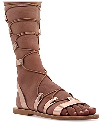 38 Or rose Emmanuela Sandales en cuir dans un style grec ancien, des sandales de gladiateur plat à la main avec des orteils ouverts, des chaussures d'été pour femmes