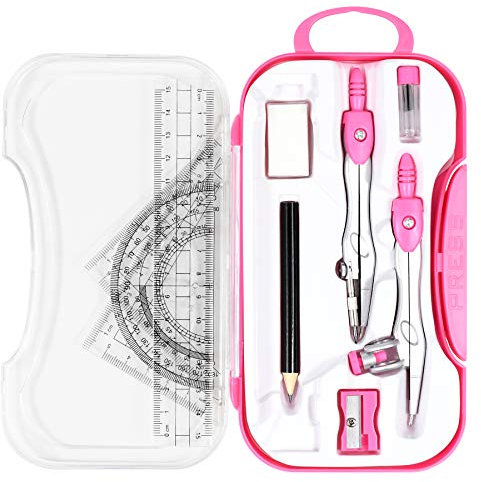 Vobou 10 pcs Math Geometry Set Student Supplies,Compass Kit Set (Pink)
