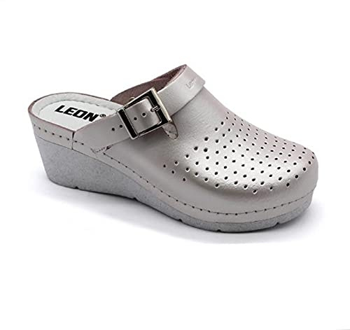 LEON 1000 Zoccoli Sabot Pantofole Scarpe di Pelle, Donna, Perla, EU 38