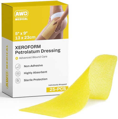 AWD Xeroform Petrolatum - Vendaje de gasa de malla fina para el cuidado de heridas (caja de 25) (5 x 9 pulgadas)