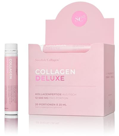 Swedish Collagen Deluxe | 12,500 mg Hydrolysed Marine Collagen Liquid Supplement - 20 x 25 ml Daily Shots | Hyaluronic Acid, Biotin and Vitamin C for Healthy Hair, Skin, Nails and Joints | Sugar-Free